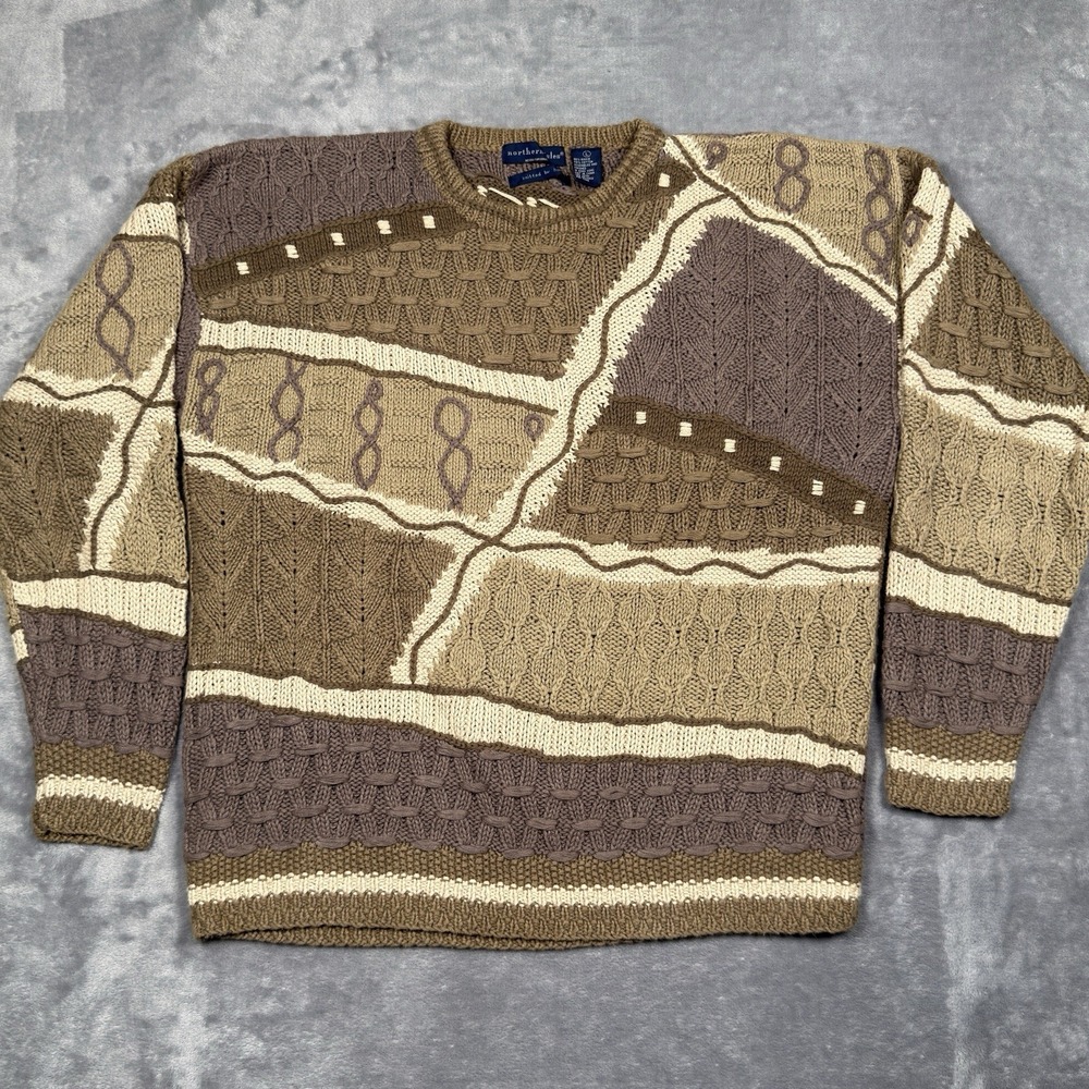 VTG Northern Isles Sweater Mens L 3D Hand Knit Coogi Style Textured Biggie Cosby